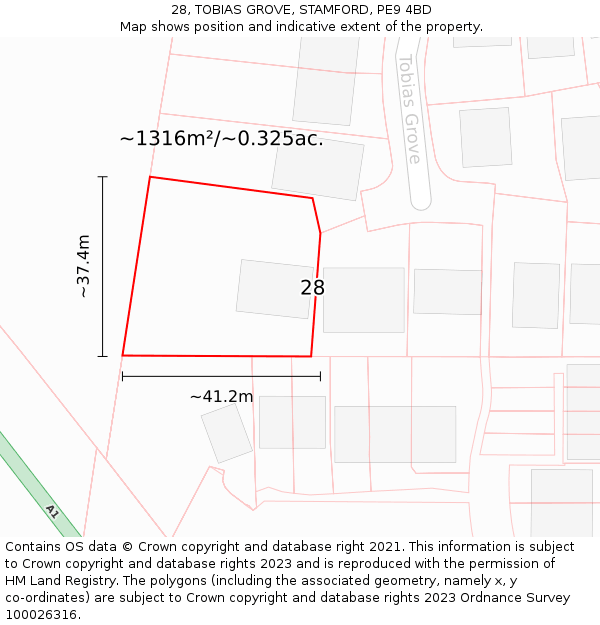 28, TOBIAS GROVE, STAMFORD, PE9 4BD: Plot and title map