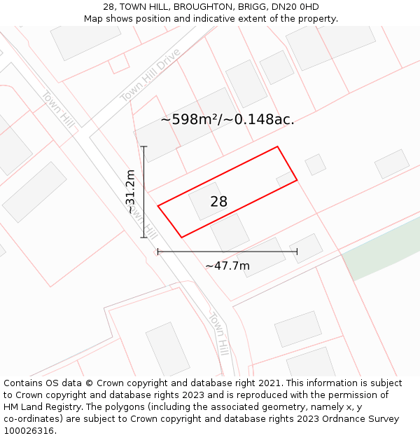 28, TOWN HILL, BROUGHTON, BRIGG, DN20 0HD: Plot and title map