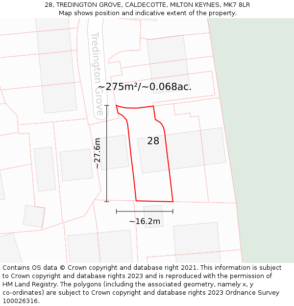 28, TREDINGTON GROVE, CALDECOTTE, MILTON KEYNES, MK7 8LR: Plot and title map