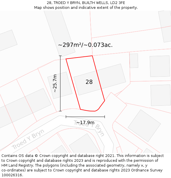28, TROED Y BRYN, BUILTH WELLS, LD2 3FE: Plot and title map