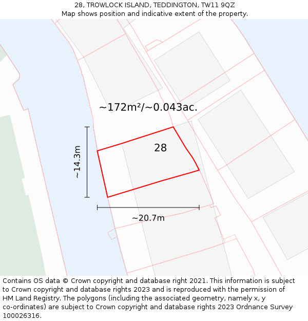 28, TROWLOCK ISLAND, TEDDINGTON, TW11 9QZ: Plot and title map