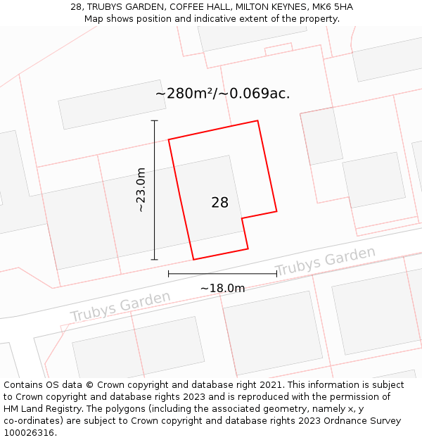 28, TRUBYS GARDEN, COFFEE HALL, MILTON KEYNES, MK6 5HA: Plot and title map