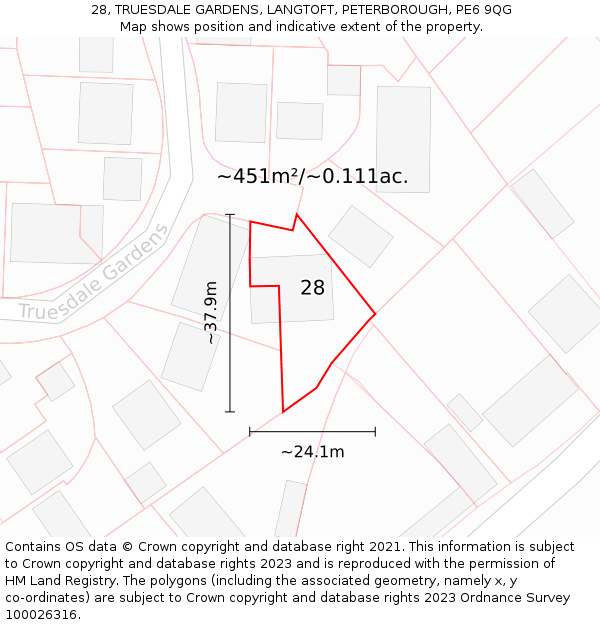 28, TRUESDALE GARDENS, LANGTOFT, PETERBOROUGH, PE6 9QG: Plot and title map