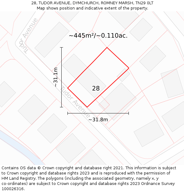 28, TUDOR AVENUE, DYMCHURCH, ROMNEY MARSH, TN29 0LT: Plot and title map