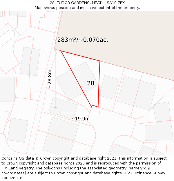 28, TUDOR GARDENS, NEATH, SA10 7RX: Plot and title map