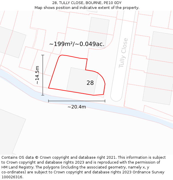 28, TULLY CLOSE, BOURNE, PE10 0DY: Plot and title map