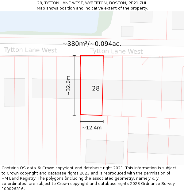 28, TYTTON LANE WEST, WYBERTON, BOSTON, PE21 7HL: Plot and title map