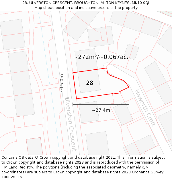 28, ULVERSTON CRESCENT, BROUGHTON, MILTON KEYNES, MK10 9QL: Plot and title map