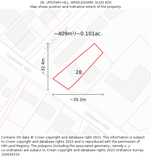 28, UPDOWN HILL, WINDLESHAM, GU20 6DX: Plot and title map