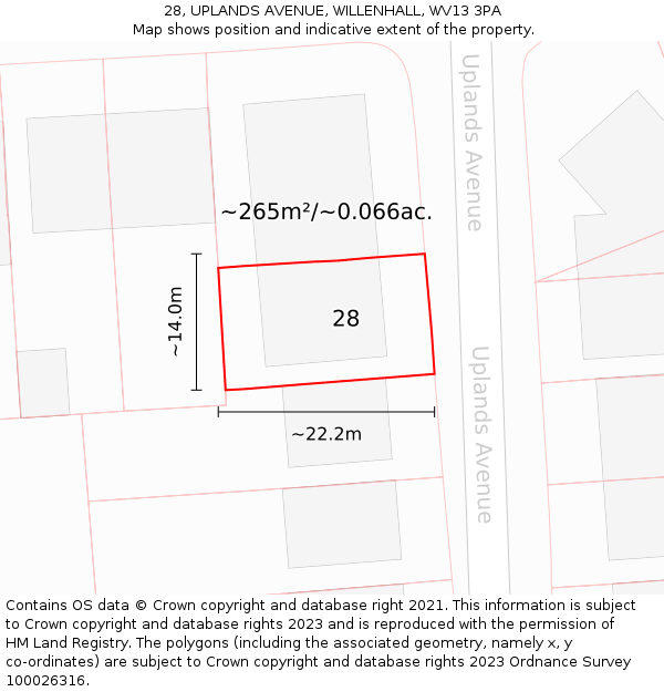 28, UPLANDS AVENUE, WILLENHALL, WV13 3PA: Plot and title map