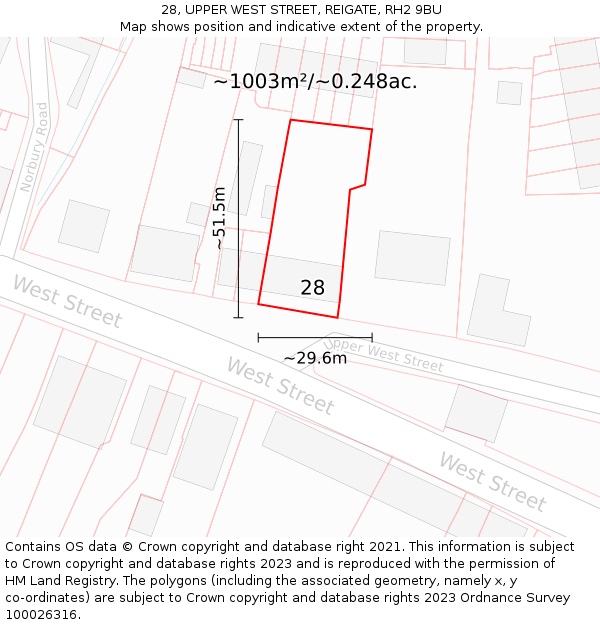 28, UPPER WEST STREET, REIGATE, RH2 9BU: Plot and title map