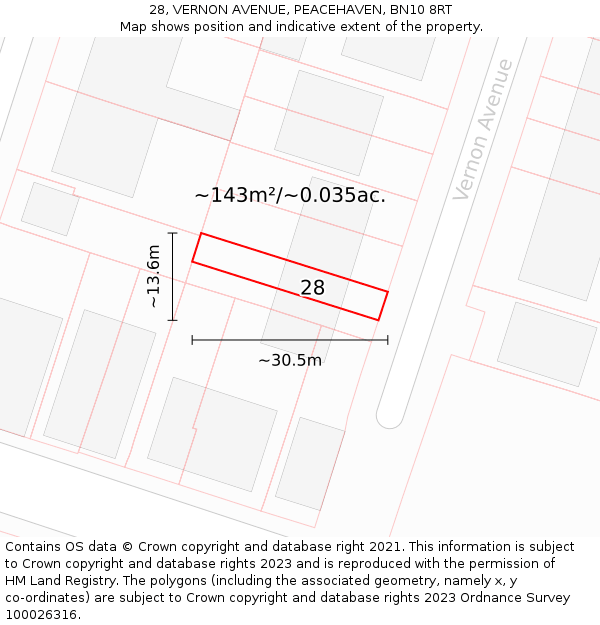 28, VERNON AVENUE, PEACEHAVEN, BN10 8RT: Plot and title map