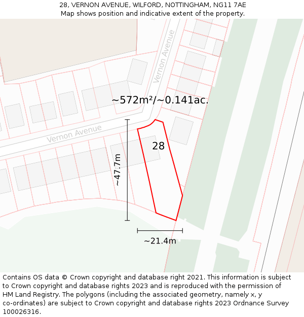 28, VERNON AVENUE, WILFORD, NOTTINGHAM, NG11 7AE: Plot and title map