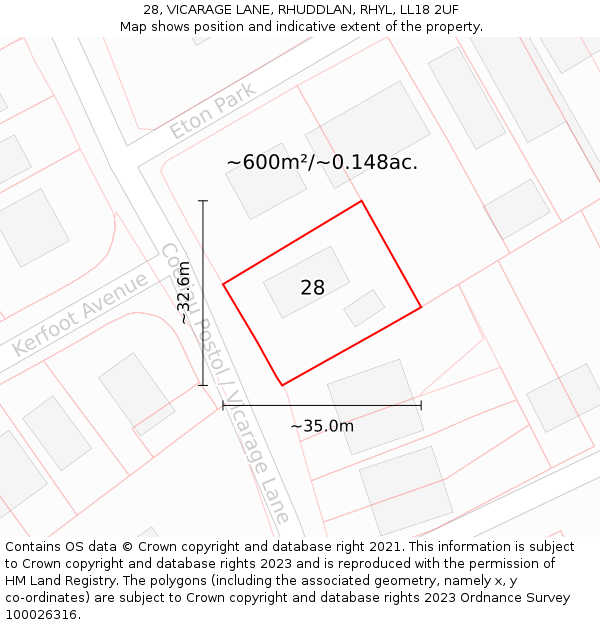 28, VICARAGE LANE, RHUDDLAN, RHYL, LL18 2UF: Plot and title map