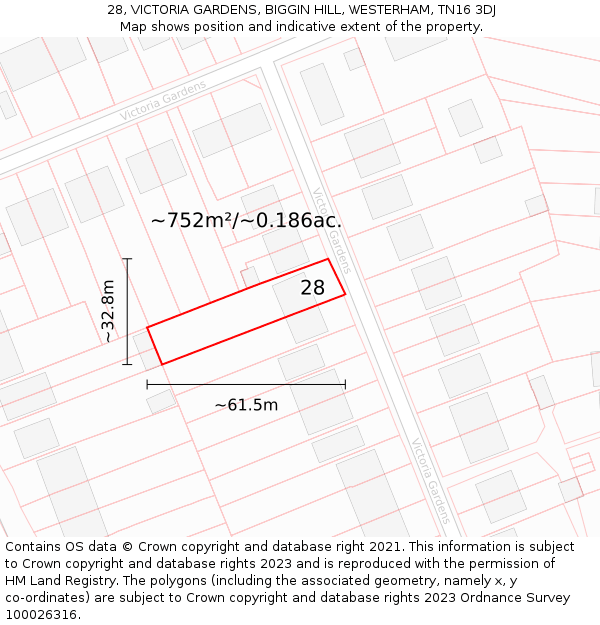 28, VICTORIA GARDENS, BIGGIN HILL, WESTERHAM, TN16 3DJ: Plot and title map