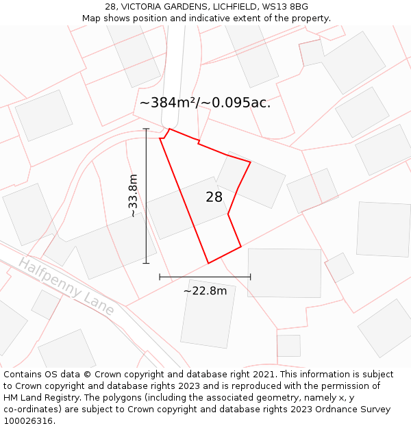 28, VICTORIA GARDENS, LICHFIELD, WS13 8BG: Plot and title map