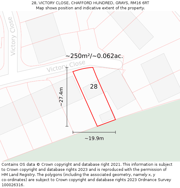 28, VICTORY CLOSE, CHAFFORD HUNDRED, GRAYS, RM16 6RT: Plot and title map