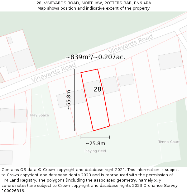 28, VINEYARDS ROAD, NORTHAW, POTTERS BAR, EN6 4PA: Plot and title map