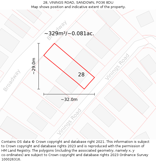 28, VININGS ROAD, SANDOWN, PO36 8DU: Plot and title map