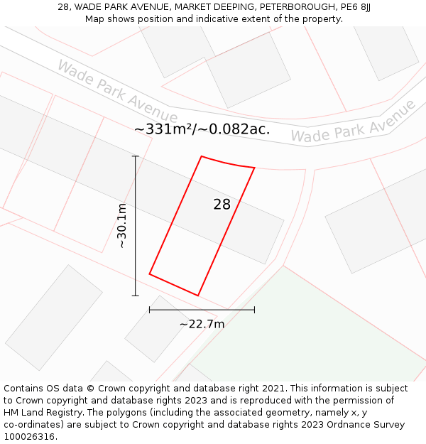 28, WADE PARK AVENUE, MARKET DEEPING, PETERBOROUGH, PE6 8JJ: Plot and title map