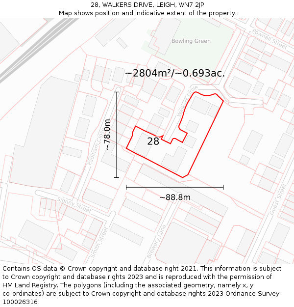 28, WALKERS DRIVE, LEIGH, WN7 2JP: Plot and title map