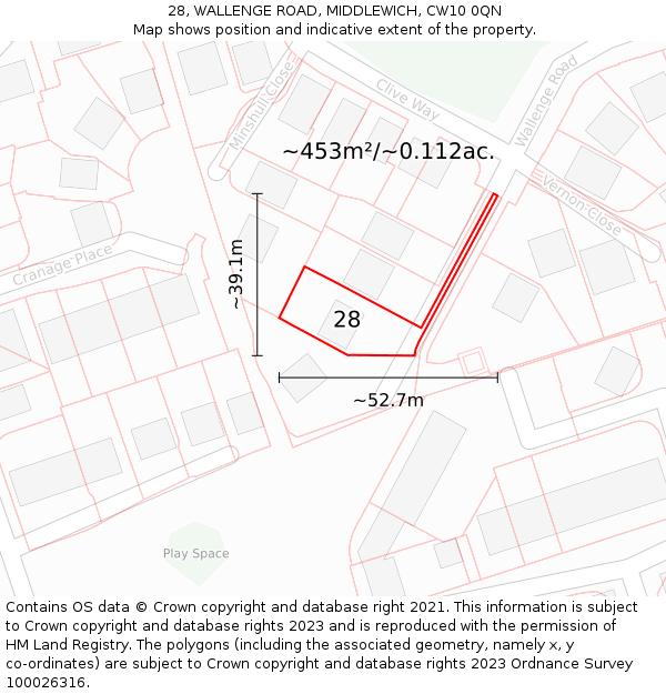 28, WALLENGE ROAD, MIDDLEWICH, CW10 0QN: Plot and title map