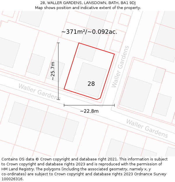 28, WALLER GARDENS, LANSDOWN, BATH, BA1 9DJ: Plot and title map