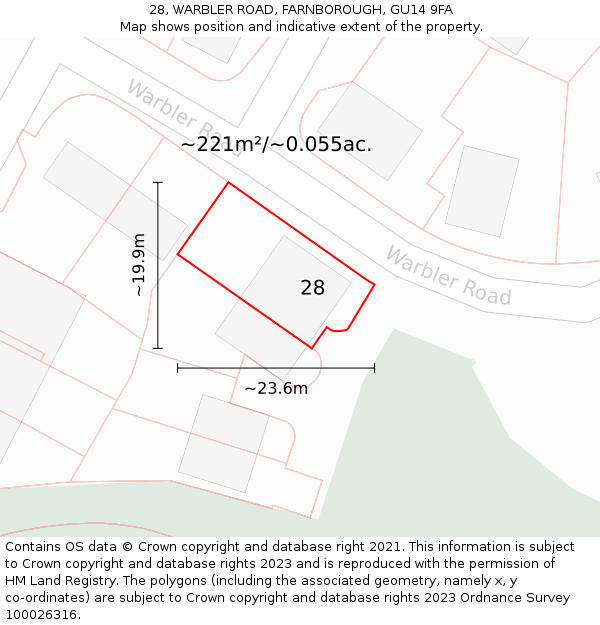 28, WARBLER ROAD, FARNBOROUGH, GU14 9FA: Plot and title map