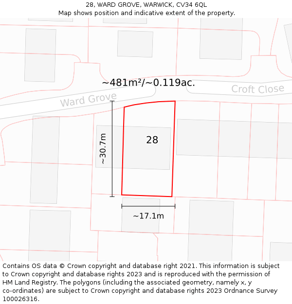 28, WARD GROVE, WARWICK, CV34 6QL: Plot and title map