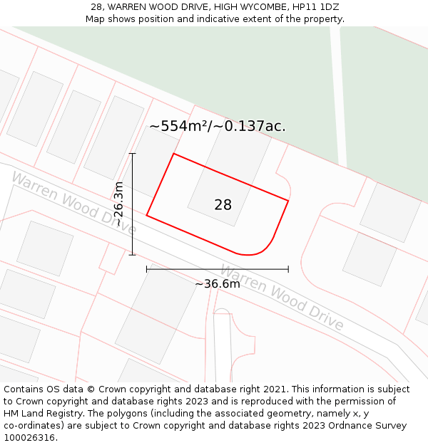 28, WARREN WOOD DRIVE, HIGH WYCOMBE, HP11 1DZ: Plot and title map