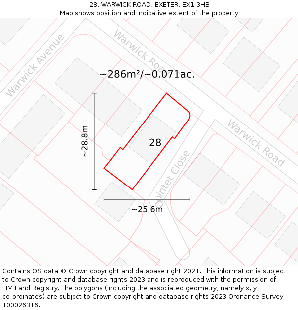 28, WARWICK ROAD, EXETER, EX1 3HB: Plot and title map