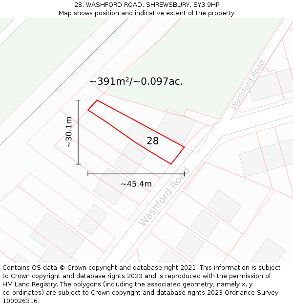 28, WASHFORD ROAD, SHREWSBURY, SY3 9HP: Plot and title map