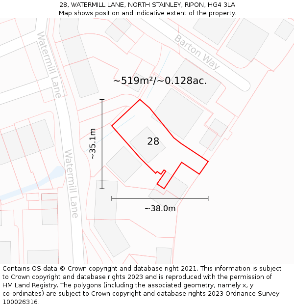 28, WATERMILL LANE, NORTH STAINLEY, RIPON, HG4 3LA: Plot and title map