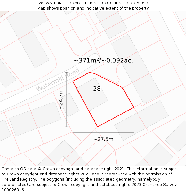 28, WATERMILL ROAD, FEERING, COLCHESTER, CO5 9SR: Plot and title map