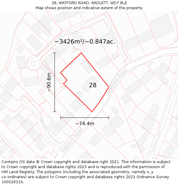 28, WATFORD ROAD, RADLETT, WD7 8LE: Plot and title map