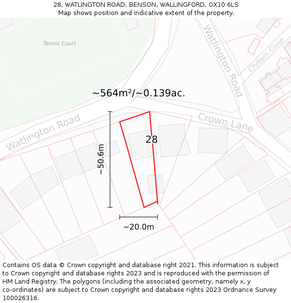 28, WATLINGTON ROAD, BENSON, WALLINGFORD, OX10 6LS: Plot and title map