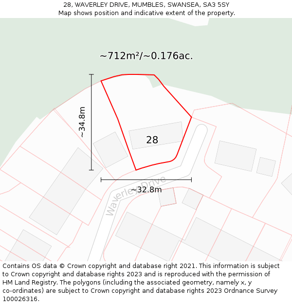 28, WAVERLEY DRIVE, MUMBLES, SWANSEA, SA3 5SY: Plot and title map