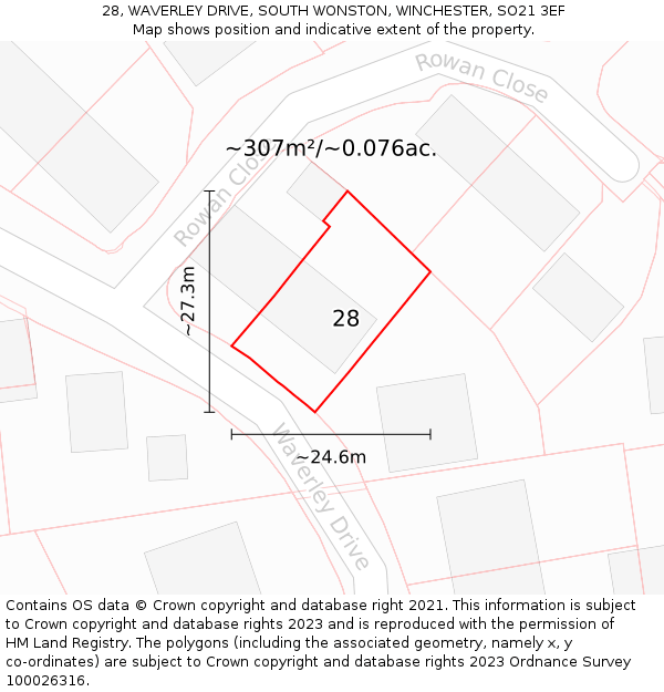 28, WAVERLEY DRIVE, SOUTH WONSTON, WINCHESTER, SO21 3EF: Plot and title map