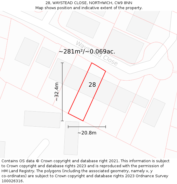 28, WAYSTEAD CLOSE, NORTHWICH, CW9 8NN: Plot and title map