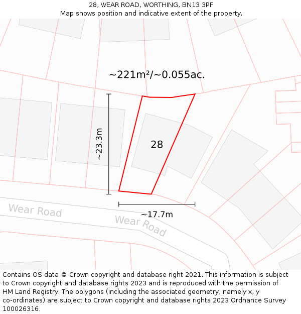28, WEAR ROAD, WORTHING, BN13 3PF: Plot and title map
