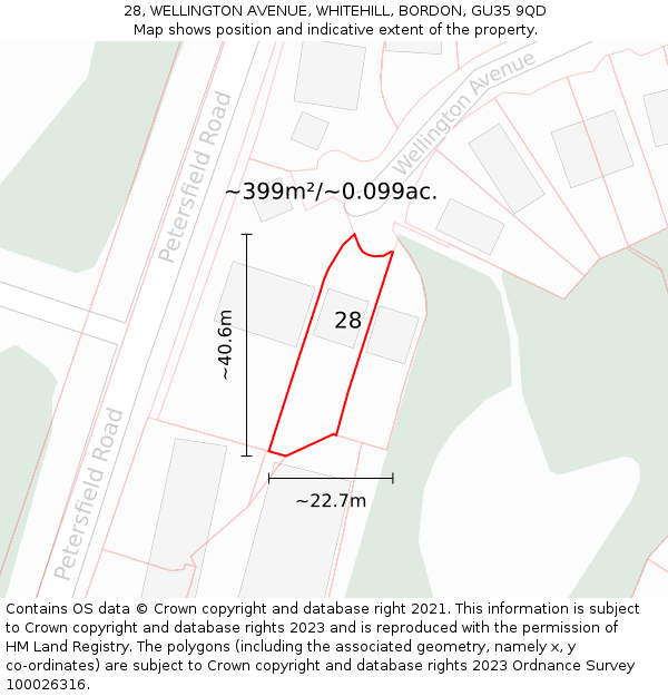 28, WELLINGTON AVENUE, WHITEHILL, BORDON, GU35 9QD: Plot and title map