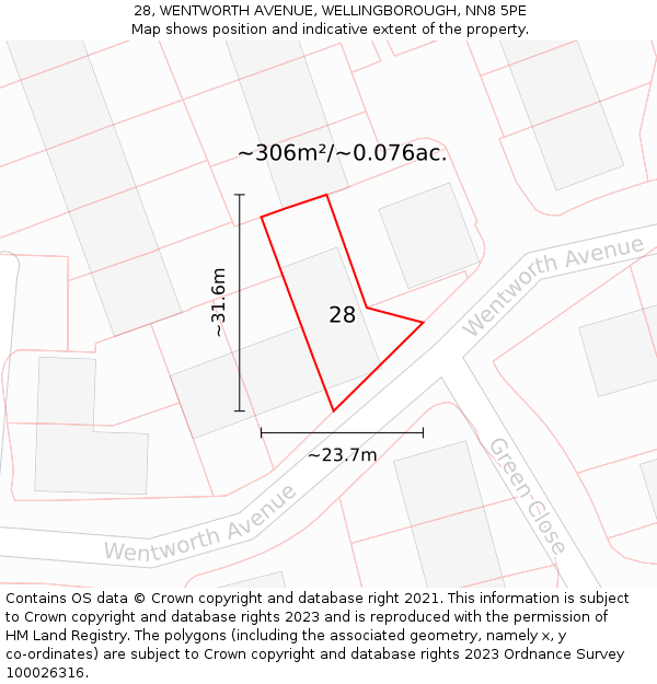 28, WENTWORTH AVENUE, WELLINGBOROUGH, NN8 5PE: Plot and title map