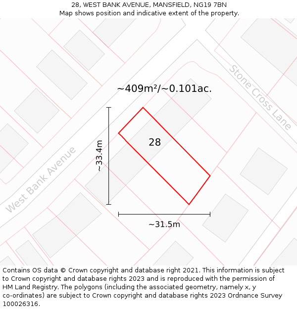 28, WEST BANK AVENUE, MANSFIELD, NG19 7BN: Plot and title map