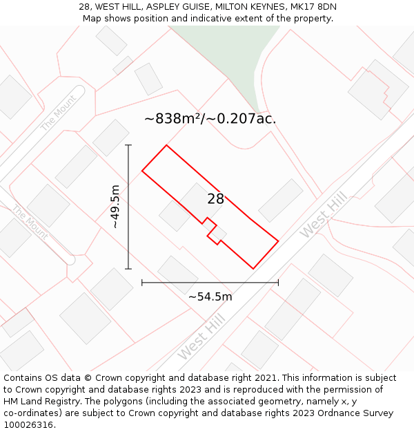 28, WEST HILL, ASPLEY GUISE, MILTON KEYNES, MK17 8DN: Plot and title map