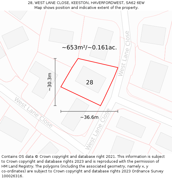 28, WEST LANE CLOSE, KEESTON, HAVERFORDWEST, SA62 6EW: Plot and title map