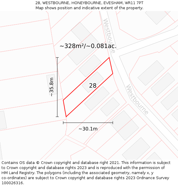 28, WESTBOURNE, HONEYBOURNE, EVESHAM, WR11 7PT: Plot and title map