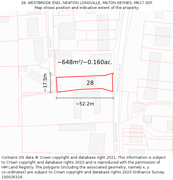 28, WESTBROOK END, NEWTON LONGVILLE, MILTON KEYNES, MK17 0DF: Plot and title map