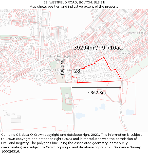 28, WESTFIELD ROAD, BOLTON, BL3 3TJ: Plot and title map