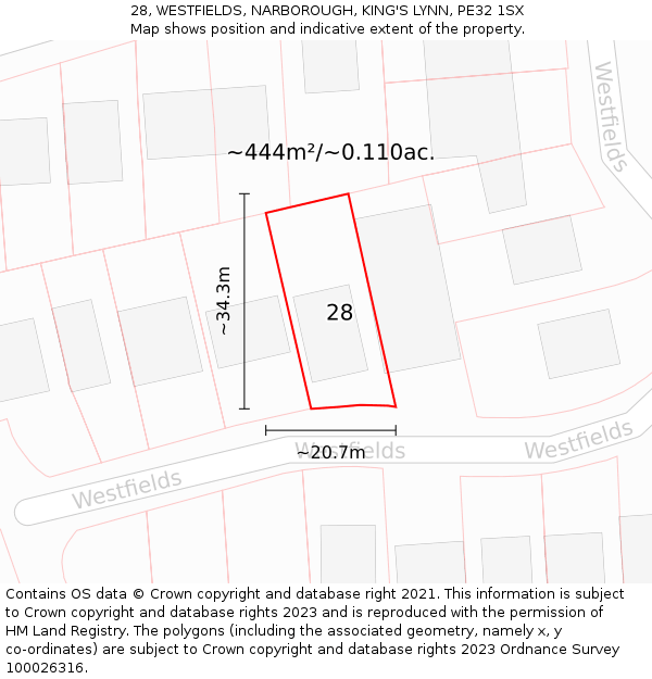 28, WESTFIELDS, NARBOROUGH, KING'S LYNN, PE32 1SX: Plot and title map