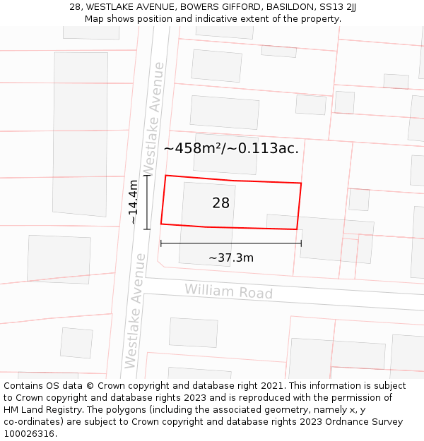 28, WESTLAKE AVENUE, BOWERS GIFFORD, BASILDON, SS13 2JJ: Plot and title map